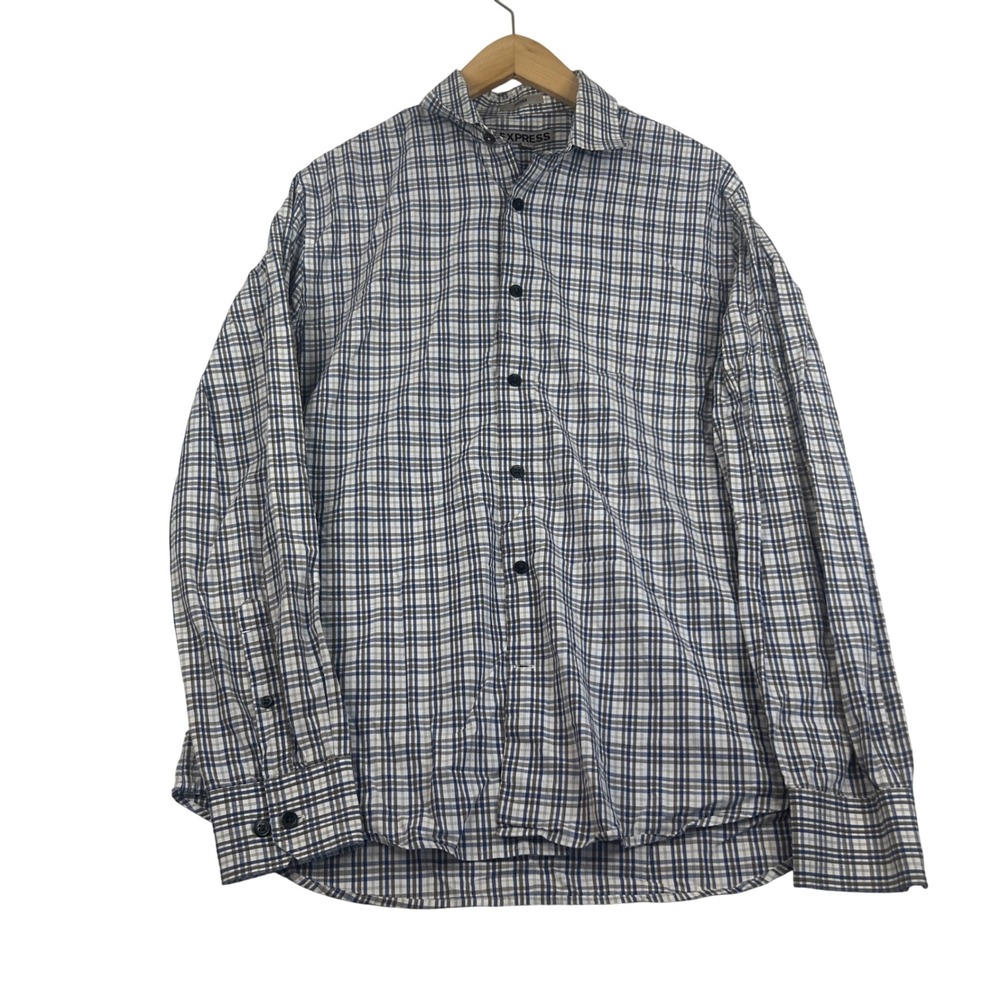 Express Fitted Mens Blue Grey Plaid Long Sleeve Button Down Shirt Size 16-16.5 L